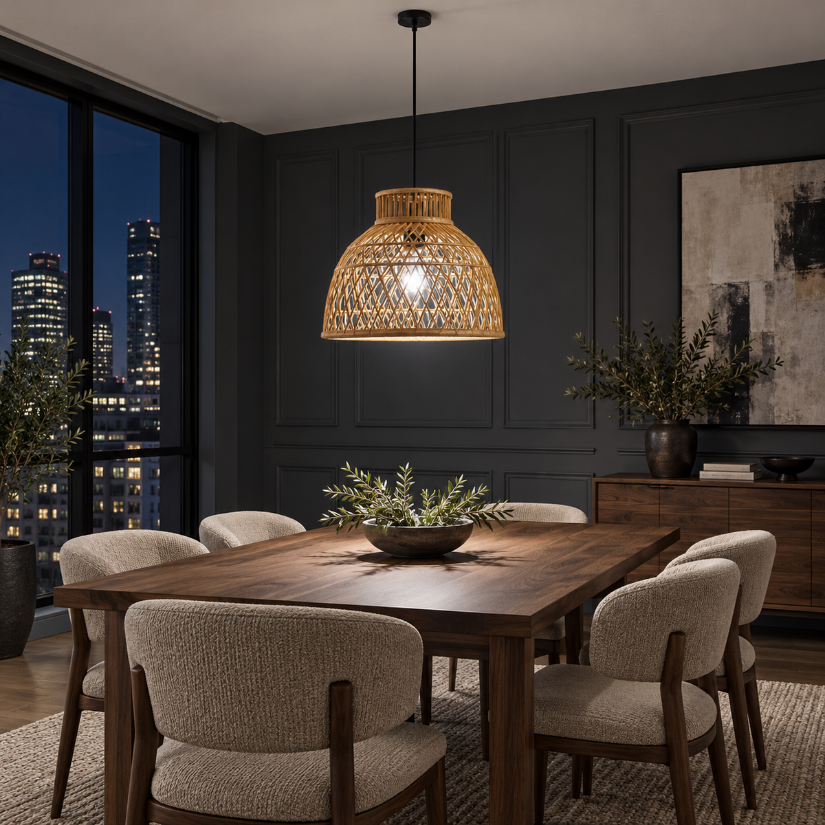 Lustre pendente artesanal em vime rattan com iluminação fria em ambiente noturno, imagem 4