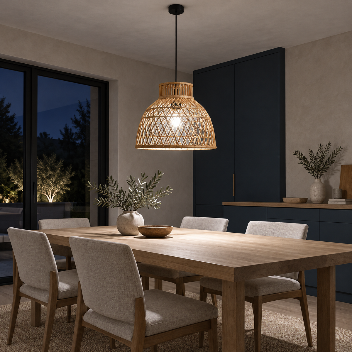 Lustre pendente artesanal em vime rattan com iluminação fria em ambiente noturno, imagem 5