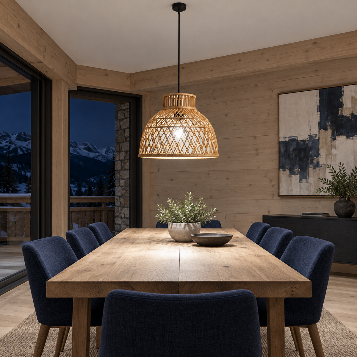 Lustre pendente artesanal em vime rattan com iluminação fria em ambiente noturno, imagem 6