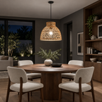 Lustre pendente artesanal em vime rattan com iluminação fria em ambiente noturno, imagem 7
