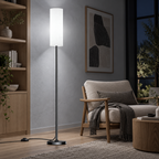 Luminária de Chão Minimalista Luz Ajustável em canto de leitura Japandi à noite com luz fria
