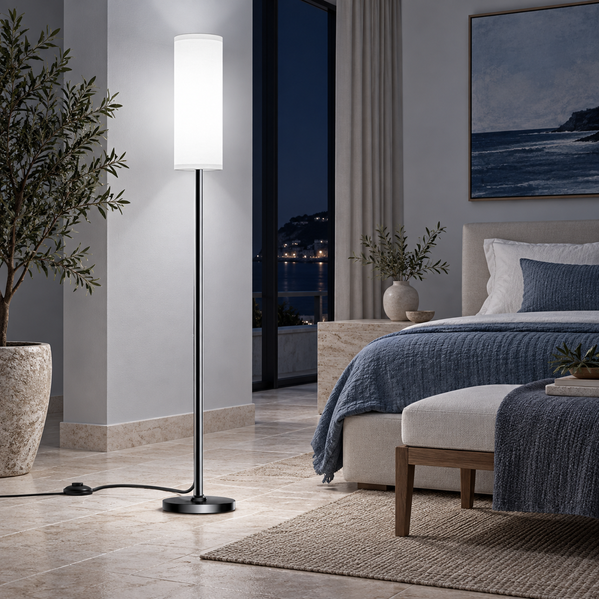 Luminária de Chão Minimalista Luz Ajustável em quarto sofisticado à noite com luz fria