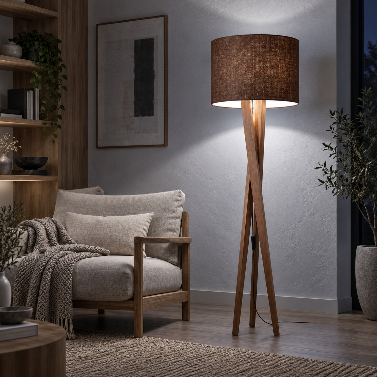 Luminária de Chão Paris em Madeira com Cúpula em Tecido em canto de leitura Japandi à noite com luz fria