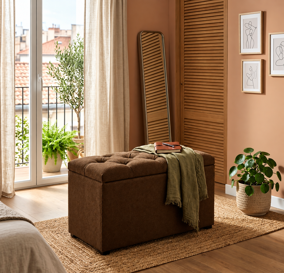 Puff baú organizador em suede marrom em ambiente aconchegante