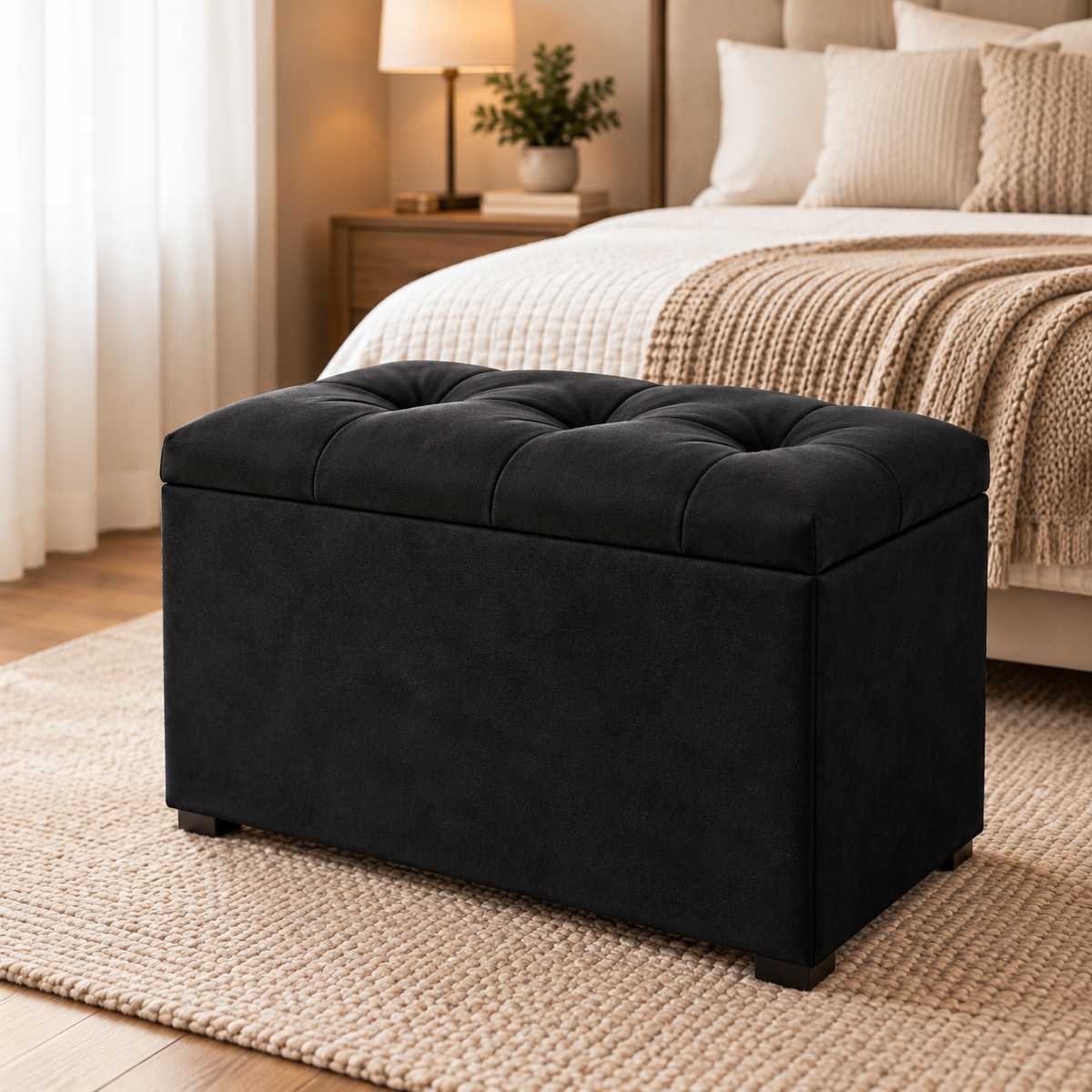 Puff baú organizador em suede preto