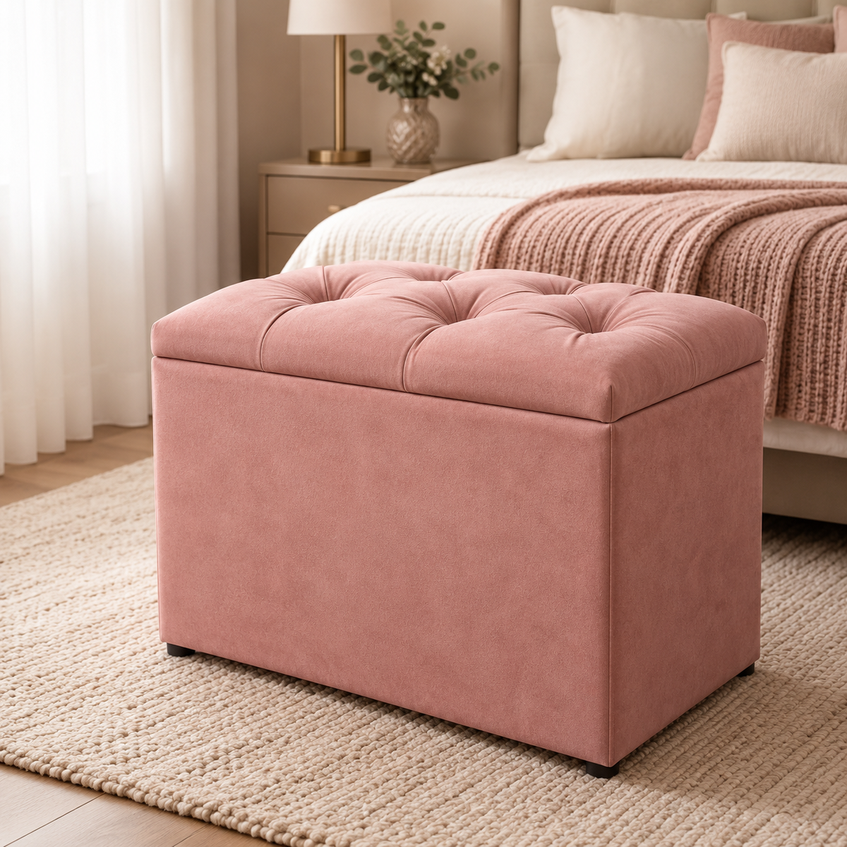 Puff baú organizador em suede rosa