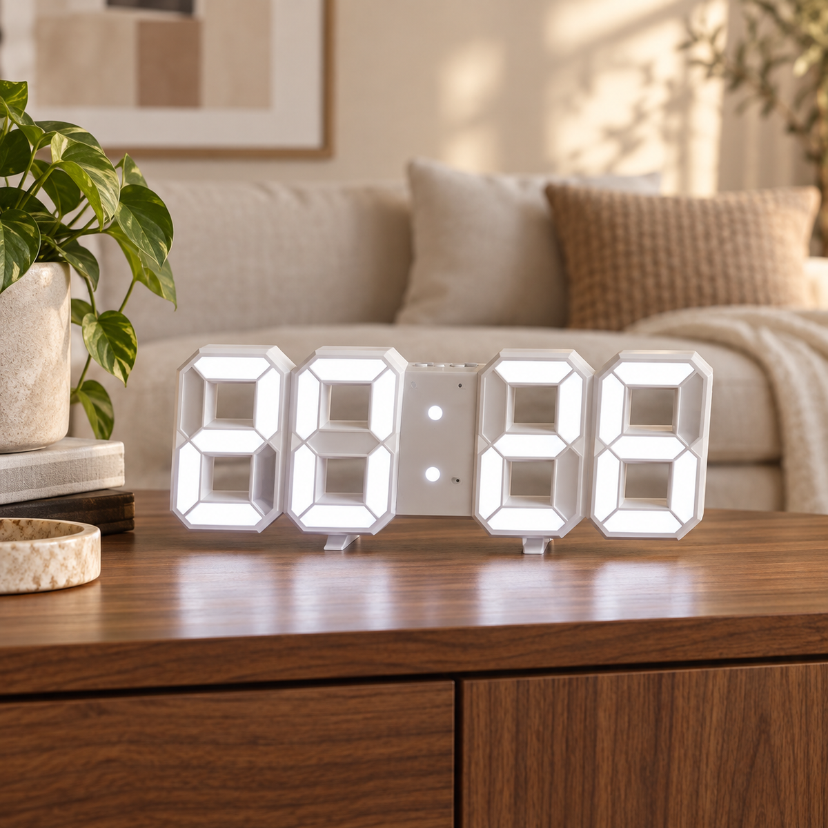 Relógio digital 3D LED branco em sala contemporânea