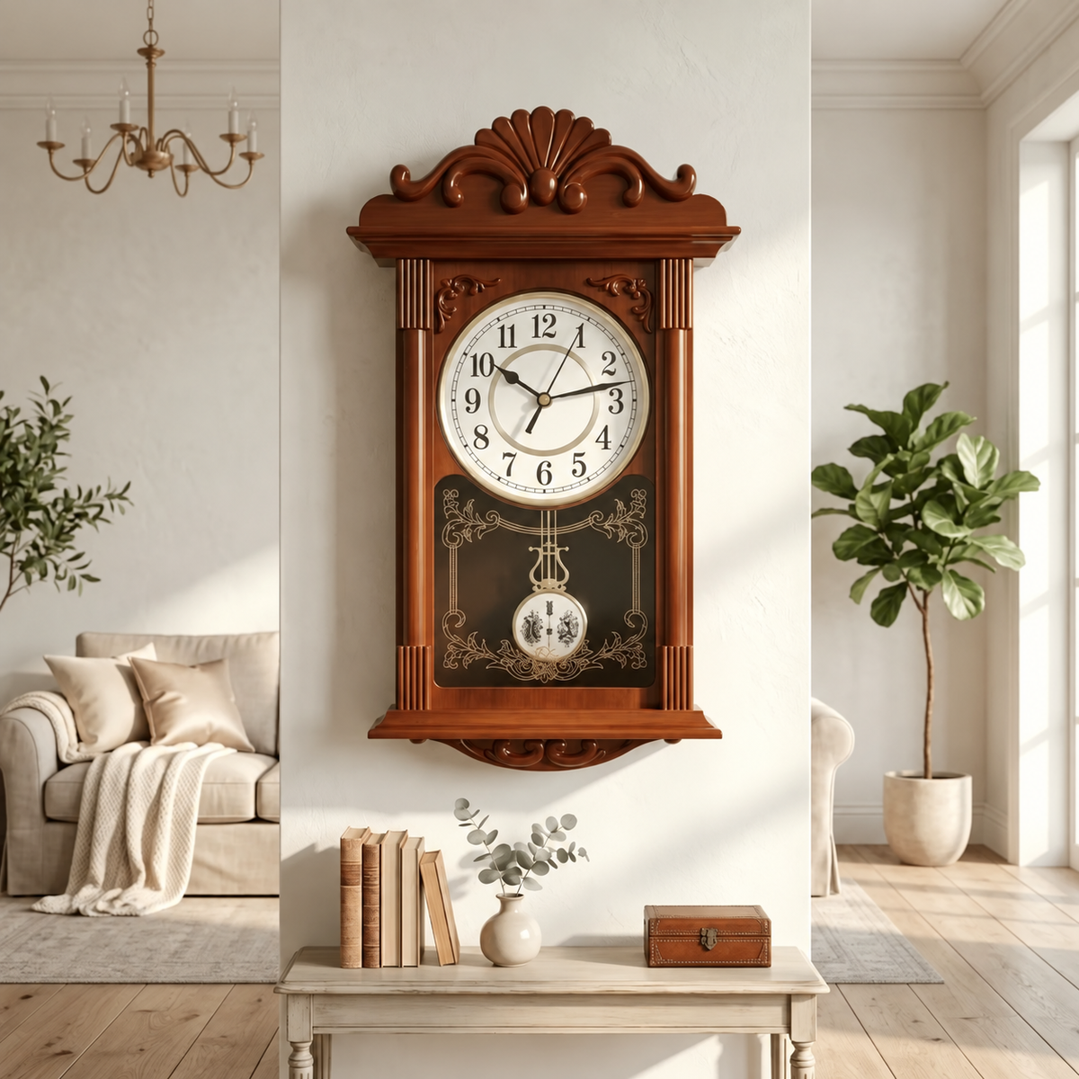 Relógio de parede antigo decorativo em sala clara