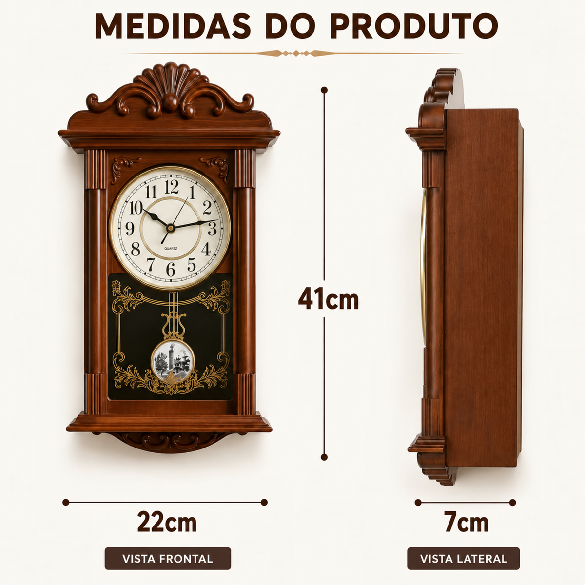 Medidas do relógio de parede grande com pêndulo: 41 cm de altura, 22 cm de largura e 7 cm de profundidade