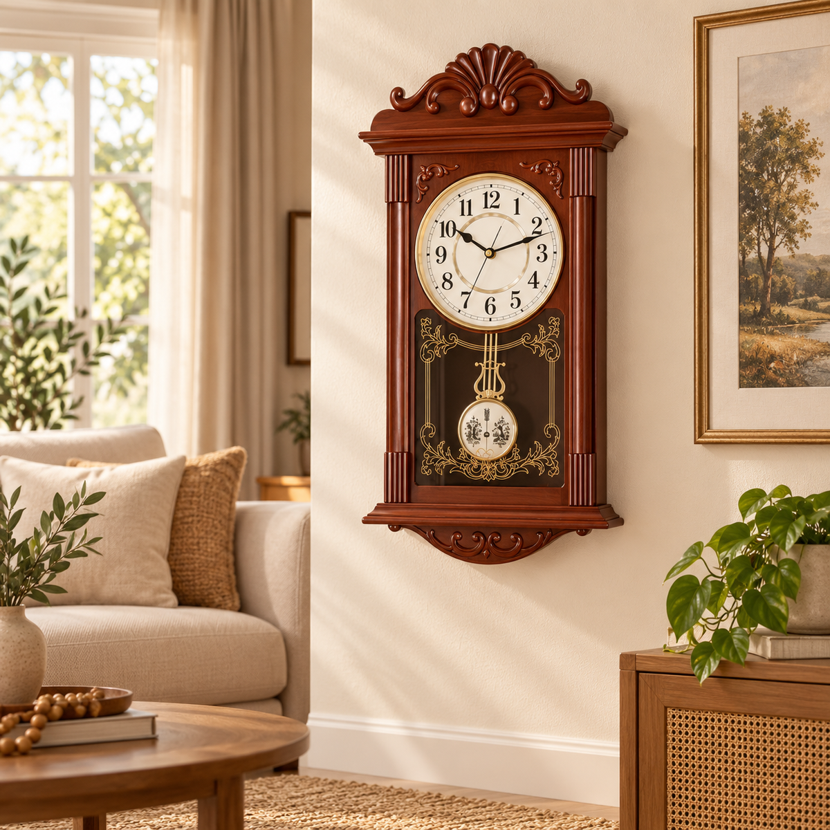 Relógio de parede para sala de estar, estilo vintage com pêndulo