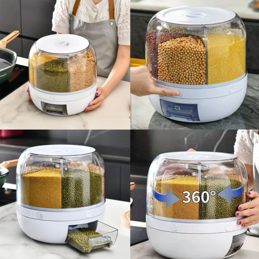 Dispenser rotativo 360° para grãos com compartimentos transparentes organizando lentilhas, milho e feijão