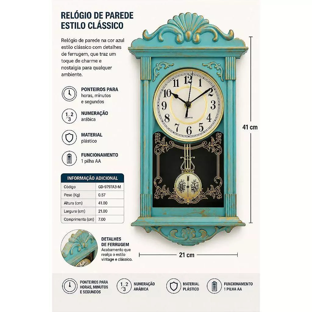 Relógio Parede Clássico Retrô Azul 41x21cm