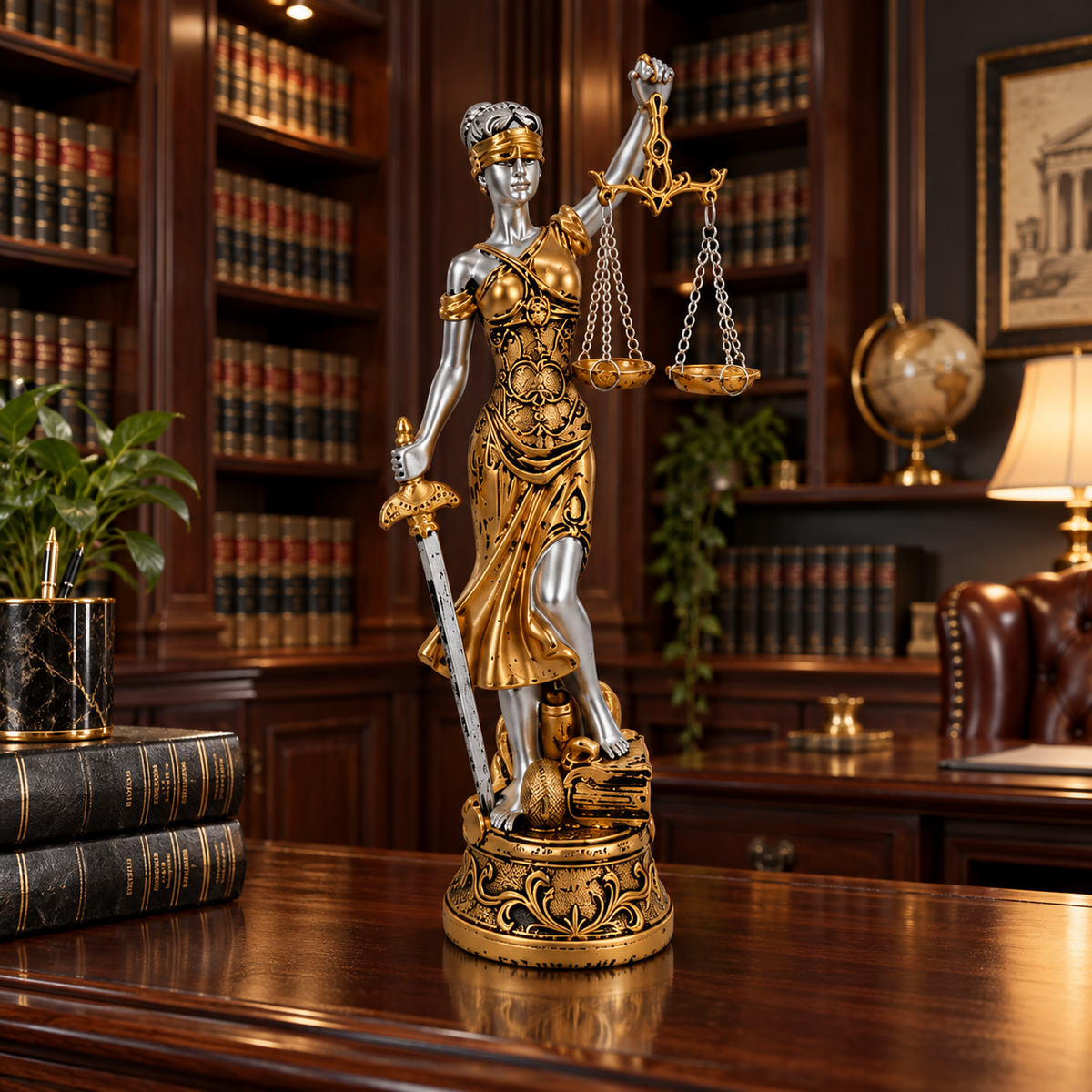 Estátua da Justiça Themis em biblioteca