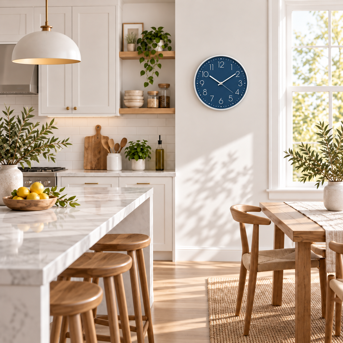 Relógio Verona Azul em cozinha clara, visto de longe