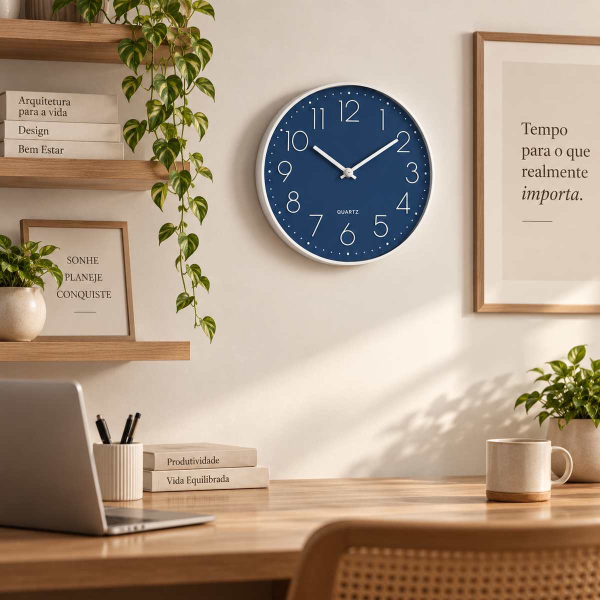 Relógio Verona Azul 25cm em escritório com marca Quartz