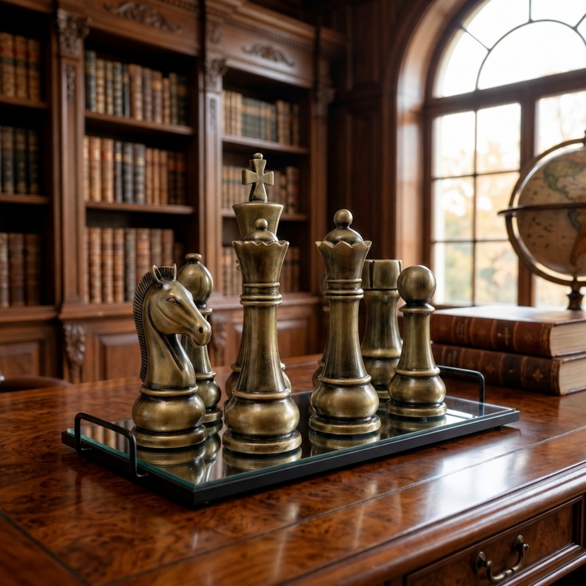 Esculturas decorativas de xadrez dourado em biblioteca clássica