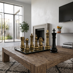Esculturas decorativas de xadrez dourado em sala contemporânea
